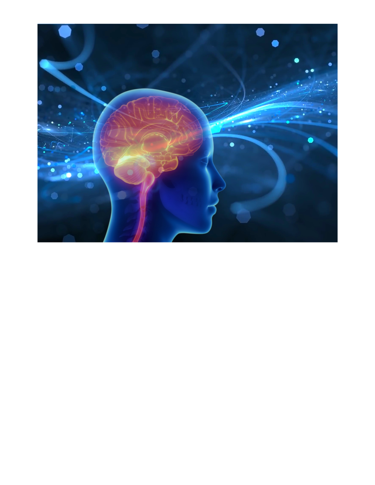 Black background with an image of a human brain lit up.